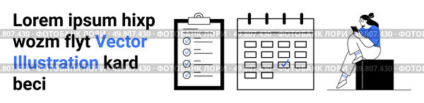 Text with blue highlight, checklist on clipboard, calendar with marked date, person sitting on box using phone. Ideal for productivity, organization, scheduling, reminders, time management planning. Business priority management concept with text, clipboard, calendar, and person on phone. Стоковая иллюстрация, агентство Ingram Publishing / Фотобанк Лори