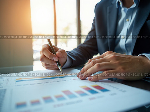 The 2025 New Year business goals concept. Businessman analyzes graph of trend market growth in 2025 and plans business growth and profit increases. calculates financial data. Стоковое AI-изображение, AI-художник Sergey Grishin / Фотобанк Лори