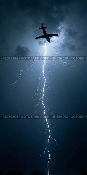 The aircraft encounters a severe thunderstorm, surrounded by dark clouds and illuminated by bright lightning strikes, highlighting the danger in the sky. Causes of air crashes. Generative AI. Стоковое AI-изображение, AI-художник Юлия Петровская / Фотобанк Лори