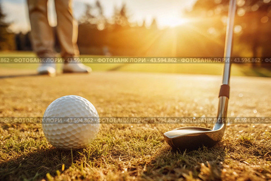 The banner. A white ball and a metal golf club are lying on the lawn in the hands of a man against the sunset background. An advertisement for a golf game at a country club. Free space for text. Стоковое AI-изображение, AI-художник Photojuli / Фотобанк Лори