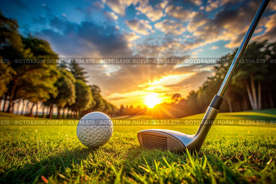 The banner. A white ball and a metal golf club are lying on the lawn in the hands of a man against the sunset background. An advertisement for a golf game at a country club. Free space for text. Стоковое AI-изображение, AI-художник Photojuli / Фотобанк Лори