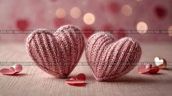 The banner. Background for Valentine's Day. Knitted hearts with festive lights in the form of a side in the background. a mock-up of an invitation card for a Valentine's Day party, a place to copy. Стоковое AI-изображение, AI-художник Photojuli / Фотобанк Лори