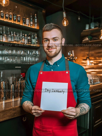 The bartender stands behind the bar and holds a sign with the text "Dry January" in his hands. Sober January, the Month of abstinence from alcohol. Стоковое AI-изображение, AI-художник Ирина Ручушкина / Фотобанк Лори