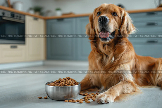 The big dog sits on the floor in the bright kitchen near the bowl of dry food. Большой пес сидит на полу в светлой кухне рядом с миской сухого корма. Стоковое AI-изображение, AI-художник Katsiaryna Repich / Фотобанк Лори