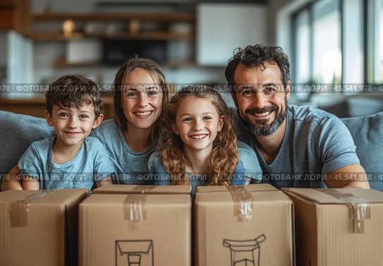 The big family is happy to move to a new place. Стоковое AI-изображение, AI-художник Ярославский Максим / Фотобанк Лори