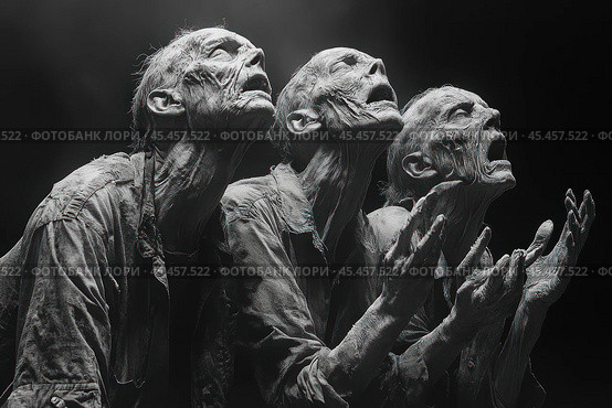 The black and white photo depicts three figurative zombies, stretching their arms towards the sky. Their emaciated, withered bodies and wrinkled faces, expressing despair or prayer, create a powerful dramatic mood. Detailed elements of clothing and skin textures add depth to the image. The black background enhances the contrast and focuses attention on the main characters. This photo is perfect for use in horror, mysticism, post-apocalyptic themes or conceptual art projects. Стоковое AI-изображение, AI-художник Анна Кривицкая / Фотобанк Лори