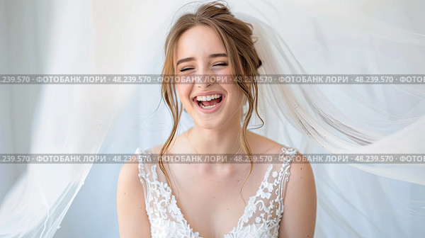 The Blushing Bride Radiates Happiness as She Smiles Under Her Delicate Veil on Her Special Wedding Day. Стоковое AI-изображение, AI-художник Данила Большаков / Фотобанк Лори