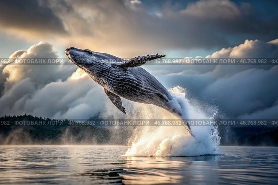 The breakthrough of a gray humpback whale from the water. A huge whale jumps out of the water. Whale watching in the ocean. Стоковое AI-изображение, AI-художник Photojuli / Фотобанк Лори