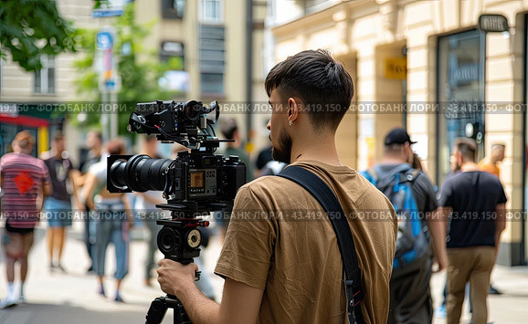The cameraman is filming a report on the street. The concept of the media. Стоковое AI-изображение, AI-художник Ярославский Максим / Фотобанк Лори