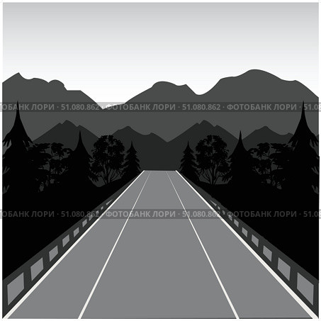The Car road in mountain and wood.Vector illustration. Стоковая иллюстрация, иллюстратор Шипицин Евгений Витальевич / Фотобанк Лори