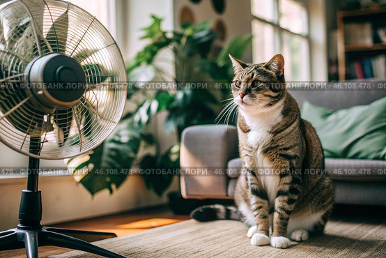 The cat is suffering from the heat. On a very hot summer day, a tired cat is in the living room in front of the fans. Стоковое AI-изображение, AI-художник Photojuli / Фотобанк Лори