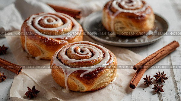 The cinnabons. Close-up of cinnamon buns. Beautiful buns with fresh cinnamon and icing on a wooden table. Fragrant homemade New Year's pastries. Стоковое AI-изображение, AI-художник Photojuli / Фотобанк Лори