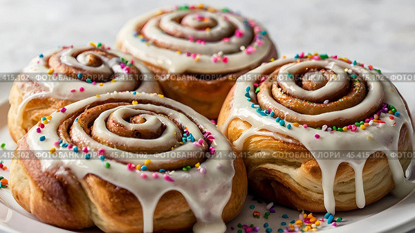 The cinnabons. Close-up of cinnamon buns. Beautiful buns with fresh cinnamon and icing on a wooden table. Fragrant homemade New Year's pastries. Стоковое AI-изображение, AI-художник Photojuli / Фотобанк Лори