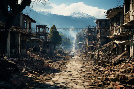 The city after the earthquake, houses destroyed after the war, dirt on the streets,    Generative AI. Стоковое AI-изображение, AI-художник Анна Кривицкая / Фотобанк Лори
