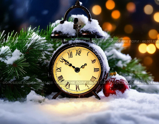 The clock is counting down the first moments of the New Year. New Year's card. Стоковое AI-изображение, AI-художник Сергей Елизарьев / Фотобанк Лори
