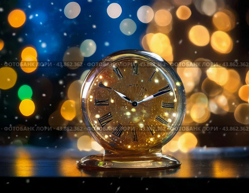 The clock is counting down the last moment of the outgoing old year. There is little time left until the New Year. Is everything ready to celebrate the New Year? Стоковое AI-изображение, AI-художник Сергей Елизарьев / Фотобанк Лори