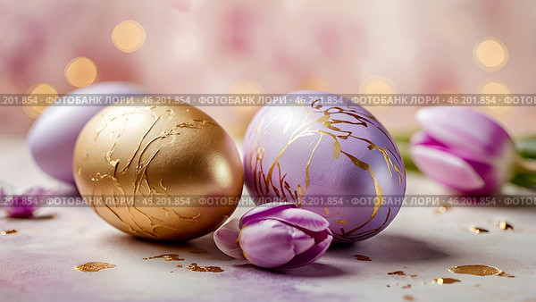 The concept of a bright Easter holiday. Delicate Easter eggs in pink, gold and purple tones and tulip flowers on a pastel watercolor background with delicate veins. Стоковое AI-изображение, AI-художник Photojuli / Фотобанк Лори
