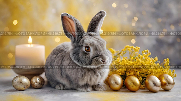The concept of a bright Easter holiday. Delicate Easter eggs, a gray rabbit and daffodil flowers on a pastel watercolor background with delicate veins. Стоковое AI-изображение, AI-художник Photojuli / Фотобанк Лори