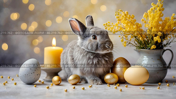 The concept of a bright Easter holiday. Delicate Easter eggs, a gray rabbit and daffodil flowers on a pastel watercolor background with delicate veins. Стоковое AI-изображение, AI-художник Photojuli / Фотобанк Лори