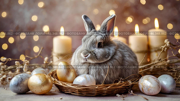 The concept of a bright Easter holiday. Delicate Easter mother-of-pearl eggs in a basket, a rabbit and delicate flowers on a pastel watercolor background. Стоковое AI-изображение, AI-художник Photojuli / Фотобанк Лори