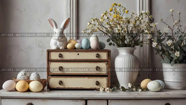 The concept of a bright Easter holiday. Retro home interior with Easter decor. Spring flowers in a white vase and Easter eggs in pastel shades. Стоковое AI-изображение, AI-художник Photojuli / Фотобанк Лори
