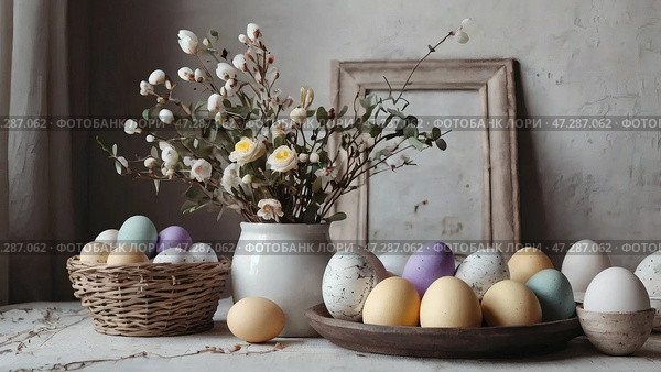 The concept of a bright Easter holiday. Retro home interior with Easter decor. Spring flowers in a white vase and Easter eggs in pastel shades. Стоковое AI-изображение, AI-художник Photojuli / Фотобанк Лори