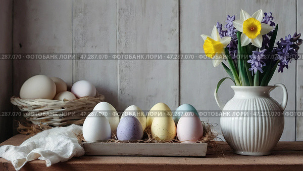 The concept of a bright Easter holiday. Retro home interior with Easter decor. Spring flowers in a white vase and Easter eggs in pastel shades. Стоковое AI-изображение, AI-художник Photojuli / Фотобанк Лори