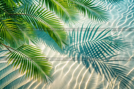 The concept of a summer vacation on the beach. View of tropical leaves on the surface of the water. The shade of palm leaves on the white sand beach. Beautiful abstract background for the banner. Стоковое AI-изображение, AI-художник Photojuli / Фотобанк Лори