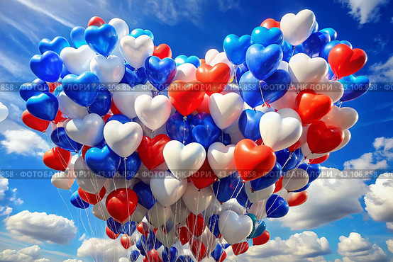 The concept of celebrating Russia Day on June 12. Balloons in the shape of a heart in the colors of the tricolor of Russia. White, blue, red balls fly away into the blue sky. Стоковое AI-изображение, AI-художник Photojuli / Фотобанк Лори