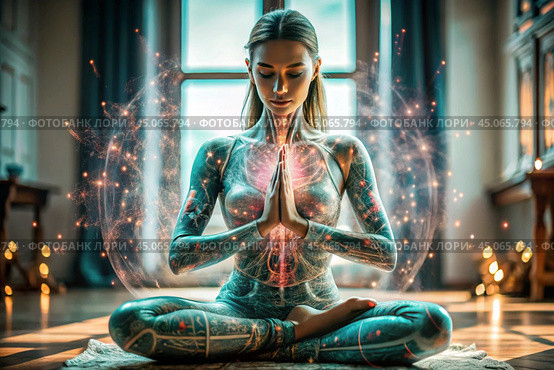 The concept of esoteric spiritual meditation, a woman in the lotus position. Human meditation, spirituality and chakra activation, mystical spirit. Стоковое AI-изображение, AI-художник Photojuli / Фотобанк Лори