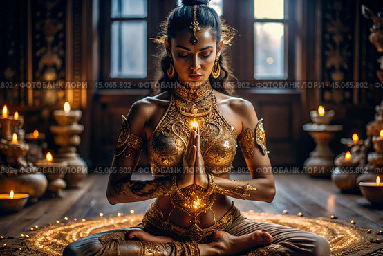 The concept of esoteric spiritual meditation, a woman in the lotus position. Human meditation, spirituality and chakra activation, mystical spirit. Стоковое AI-изображение, AI-художник Photojuli / Фотобанк Лори