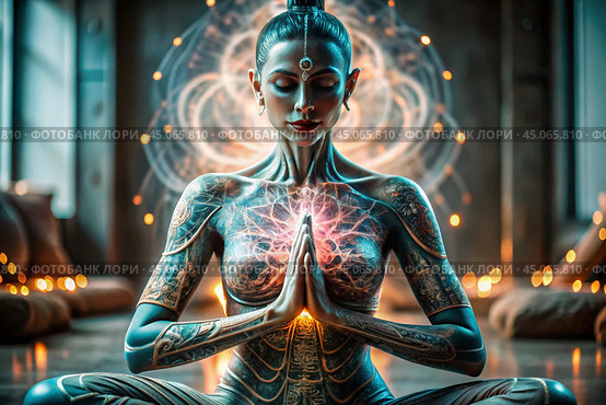 The concept of esoteric spiritual meditation, a woman in the lotus position. Human meditation, spirituality and chakra activation, mystical spirit. Стоковое AI-изображение, AI-художник Photojuli / Фотобанк Лори