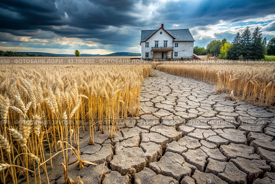 The concept of global warming on planet Earth. Dry and cracked earth and a field of wheat. The farmer's wheat crop is dead, dead, withered. The effects of climate change. Стоковое AI-изображение, AI-художник Photojuli / Фотобанк Лори