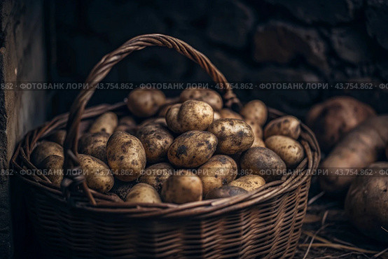 The concept of growing food. Fresh organic new potatoes at the farmer's market. A rich harvest of tubers in a wicker basket. Стоковое AI-изображение, AI-художник Photojuli / Фотобанк Лори