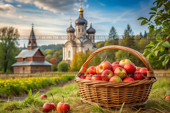 The concept of the Russian Orthodox holiday yablochny spas. A beautiful wicker basket made of vines with red ripe apples on the background of an Orthodox church. Стоковое AI-изображение, AI-художник Photojuli / Фотобанк Лори