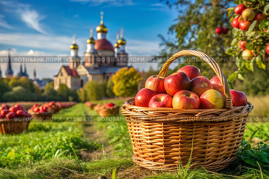 The concept of the Russian Orthodox holiday yablochny spas. A beautiful wicker basket made of vines with red ripe apples on the background of an Orthodox church. Стоковое AI-изображение, AI-художник Photojuli / Фотобанк Лори