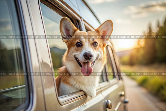 The concept of traveling with animals. A dog sticks its head out of the window of a car, a tourist van during a trip on a hot sunny day. Стоковое AI-изображение, AI-художник Photojuli / Фотобанк Лори