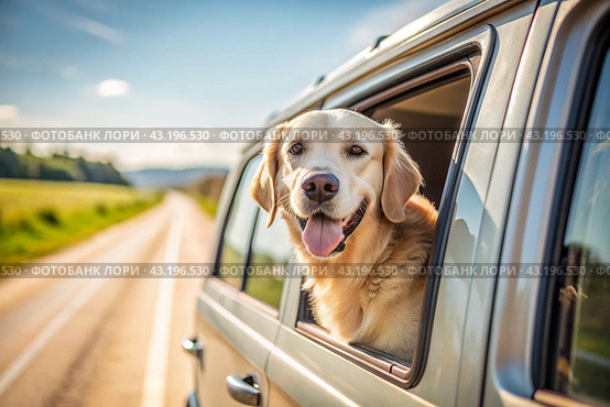 The concept of traveling with animals. A dog sticks its head out of the window of a car, a tourist van during a trip on a hot sunny day. Стоковое AI-изображение, AI-художник Photojuli / Фотобанк Лори