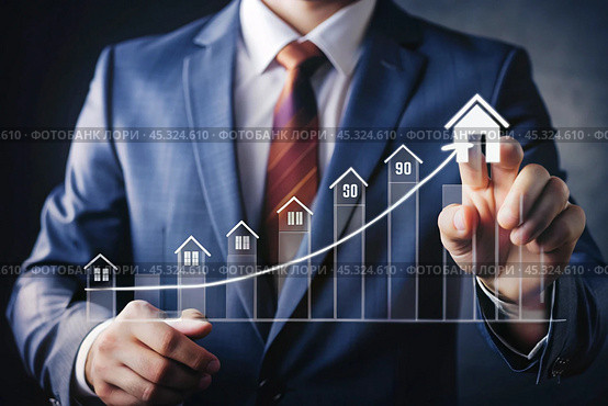 The concept of value growth in real estate, energy efficiency rating. Real estate online on virtual screens. New family housing, apartment purchase, house search, land price, real estate tax. Стоковое AI-изображение, AI-художник Photojuli / Фотобанк Лори