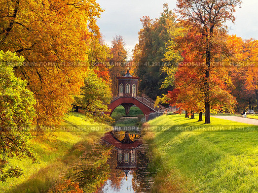 The Cross Bridge in autumn. Golden autumn in Catherine Park, Tsarskoye Selo. Old city park with bright autumn golden maples on a sunny day. (2022 год). Стоковое фото, фотограф Саблин Станислав / Фотобанк Лори