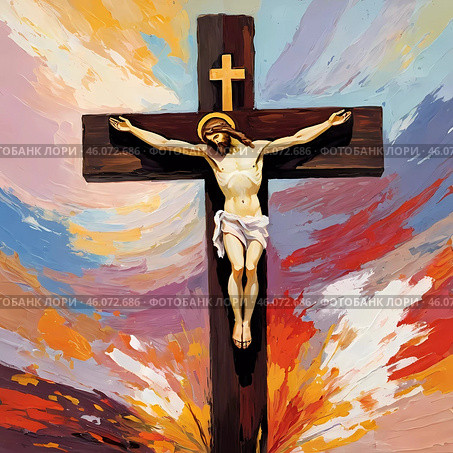 The crucified figure on the cross, adorned with a crown of thorns, symbolizes resurrection and hope at Calvary, set against a backdrop of vibrant colors and dramatic clouds. Generative AI. Стоковое AI-изображение, AI-художник Юлия Петровская / Фотобанк Лори