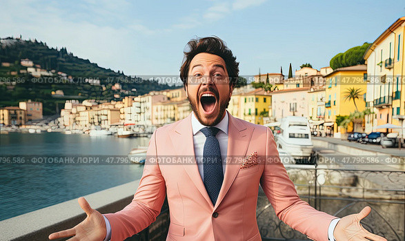 The Daring Visionary: A Confident Man Dons a Bright Pink Suit and a Stylish Blue Tie, Defying Convention. Стоковое AI-изображение, AI-художник Данила Большаков / Фотобанк Лори