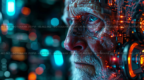 The face of android senior man covered with integrated microcircuits against background of IT equipment, neon lights and digital elements. Future human robot with electronic chips and circuit on head. Стоковое AI-изображение, AI-художник Sergey Grishin / Фотобанк Лори