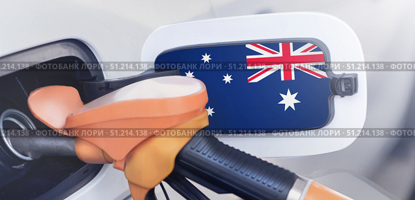 The flag of Australia on the hatch of the gas tank of a car at a gas station. Gasoline and diesel fuel in Australia. High prices for diesel fuel, gasoline and gas at gas stations in Australia. Problems with refueling a car in Canberra. Стоковое фото, фотограф Владимир Разгуляев / Фотобанк Лори