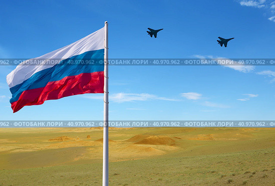 The flag of Russia flutters in the wind. Abstract yellow and blue landscape with two fighter planes. Collage. The concept of peace in Ukraine and Europe. Stop the war. Стоковое фото, фотограф Алексей Игнатов / Фотобанк Лори