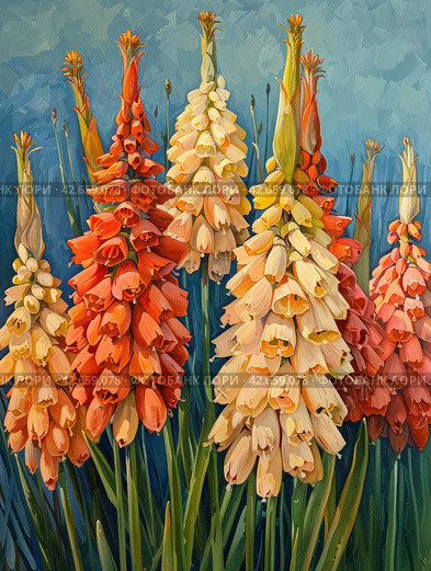 The flowers are arranged in pyramidal clusters and are painted in various shades from light orange to rich terracotta.    Generative AI. Стоковое AI-изображение, AI-художник Анна Кривицкая / Фотобанк Лори