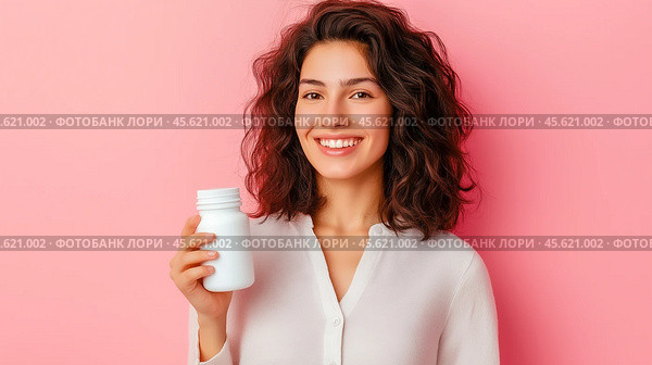 The girl advertises Biologically active additives, medicines. A white jar is in the young woman's hand. Стоковое AI-изображение, AI-художник Ирина Ручушкина / Фотобанк Лори