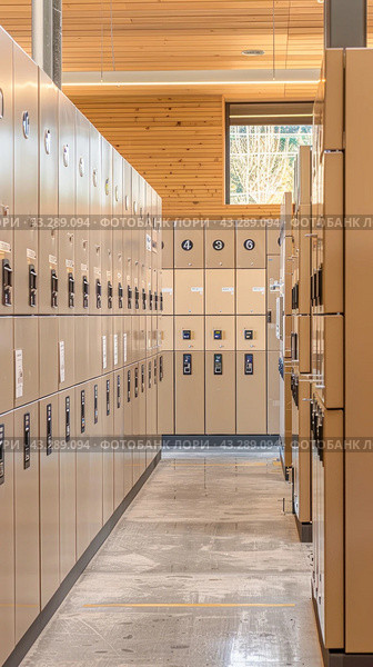 The hallway, offering ample space, features various lockers for safekeeping personal belongings. Стоковое AI-изображение, AI-художник Юрий Поздников / Фотобанк Лори