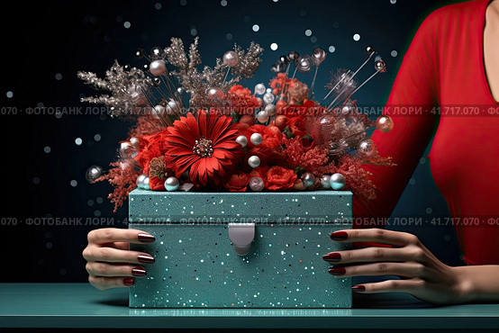 The hands of young women hold a gift box with a red ribbon. Generated by AI. Стоковое AI-изображение, AI-художник Ярославский Максим / Фотобанк Лори