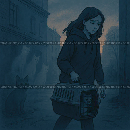 The illustration, in muted blues and greys, depicts a young girl walking down a street in the evening or early morning with a cat in a carrier. Her face is tired and anxious. In the dark alleys, silhouettes of other cats are visible - like ghostly memories or waiting for help. The scene conveys an atmosphere of loneliness, compassion and internal struggle, typical of animal rescuers and volunteers. This work can be used in themes of animal protection, volunteering, empathy and social support. Стоковое AI-изображение, AI-художник Анна Кривицкая / Фотобанк Лори